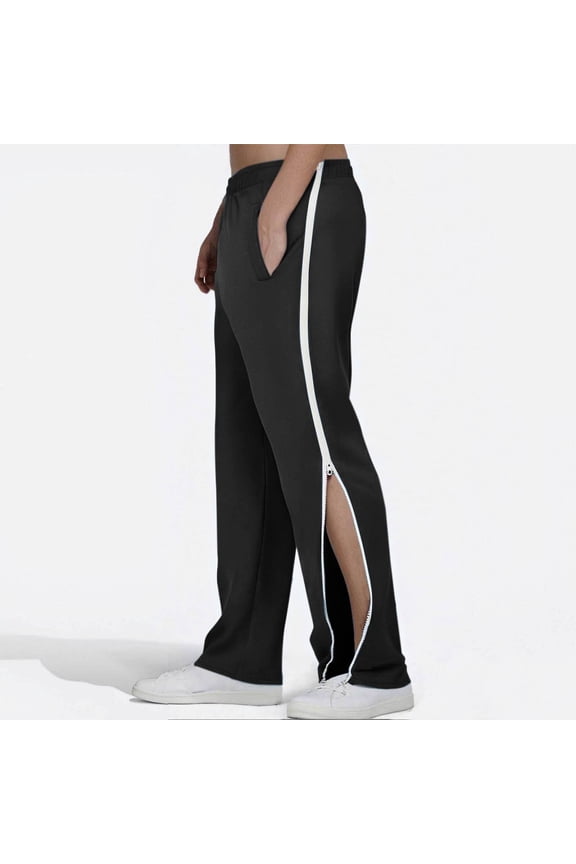 Mens Basketball Tear Away Pants High Split Two-Way Zipper Post Surgery Casual Baggy Straight-Leg Sweatpants with Pockets