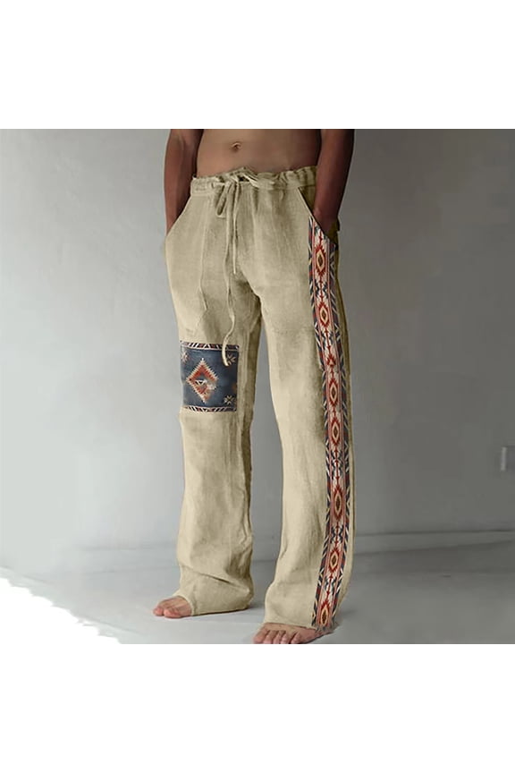 Mens Cotton Linen Casual Pants Western Aztec Printed Straight-Legs Sweatpants Tribal Style Lightweight Yoga Pants