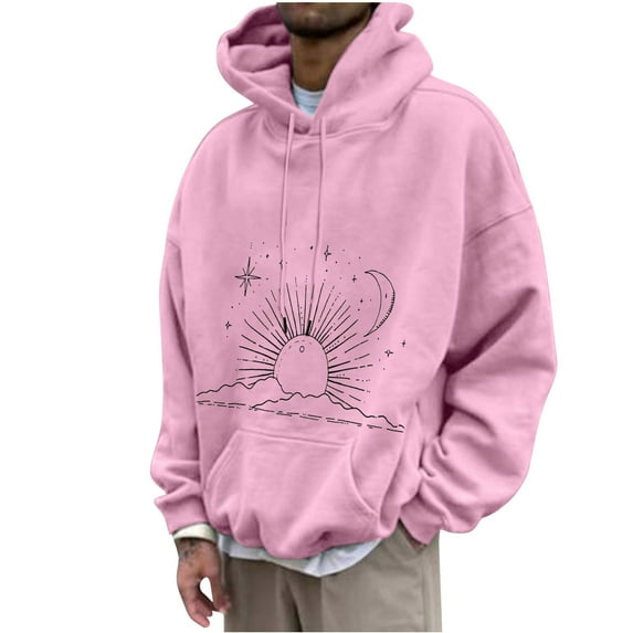 OWMEOT Mens Graphic Hoodies Stars, Moon and Sun Printed Long Sleeve Hooded Sweatshirts Fashion Pullover Hoodie with Pocket