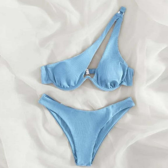 OWMEOT One-Shoulder Bikini Sets for Women Sexy Low Cut Bathing Suits with Underwire Low Rise Thong Beach Bikini Swimsuits for Summer Vacation