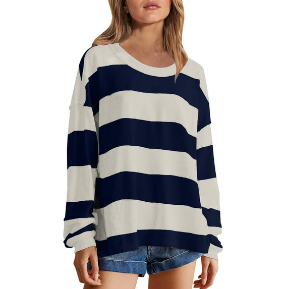 OWMEOT Oversized Sweatshirt for Women Colorblock Striped Long Sleeve Shirts Tops Loose Pullover Tunic Trendy Fall Y2K Clothes