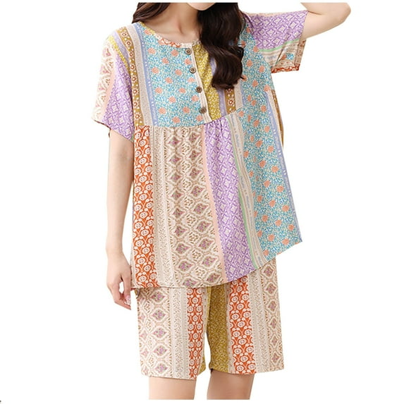 OWMEOT Plus Size Pajamas Sets for Women Cotton 2 Piece Loungewear Stitching Pattern Tops and Matching Pajama Bottoms Sleepwear