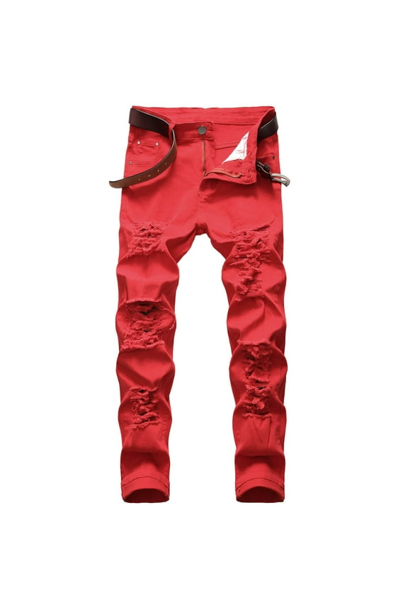 Ripped Jeans for Men Big and Tall Distressed Slim Fit Mid Waist Straight Leg Denim Pants