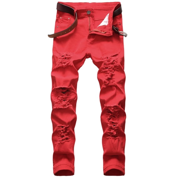 OWMEOT Ripped Jeans for Men Big and Tall Distressed Slim Fit Mid Waist Straight Leg Denim Pants