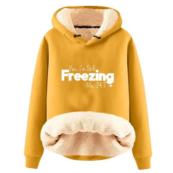 OWMEOT Sherpa Fleece Lined Hoodie Womens Funny Text Print Sweatshirt Thicken Thermal Plush Pullover Tops Cozy Winter Clothes