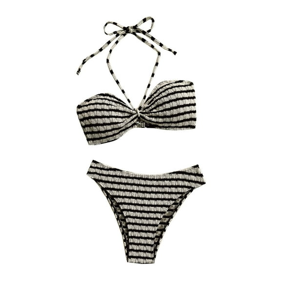 OWMEOT Striped Bikini Sets for Women Sexy Halter Back Braided Straps Bathing Suits Low Rise Triangle Trunks for Summer Beach Vacation