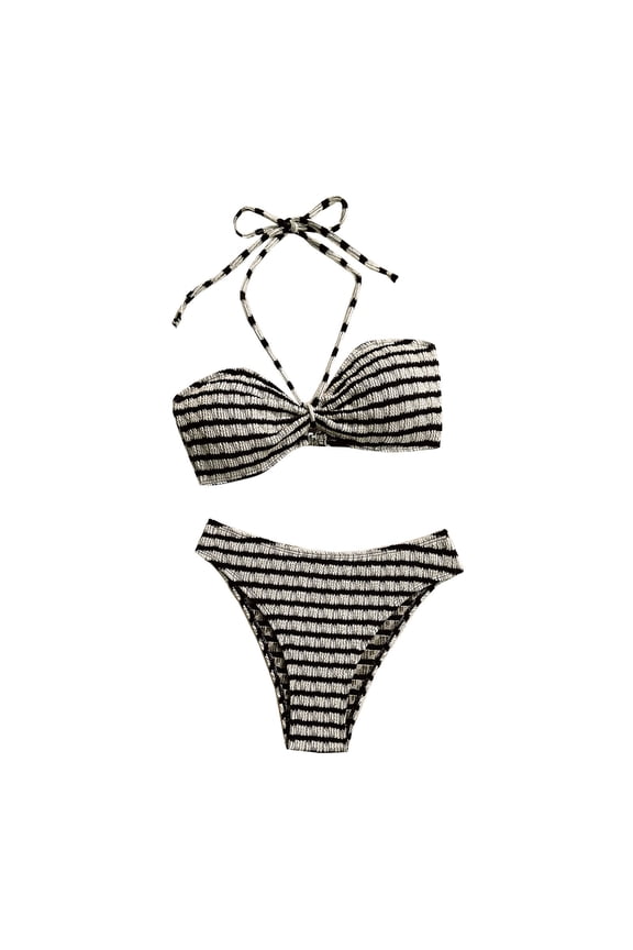 Striped Bikini Sets for Women Sexy Halter Back Braided Straps Bathing Suits Low Rise Triangle Trunks for Summer Beach Vacation