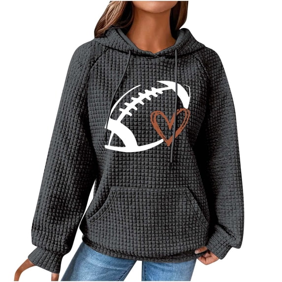 OWMEOT Waffle Hoodies for Women Football Printed Raglan Long Sleeve Hooded Sweatshirt Loose Comfy Rugby Pullover Tops