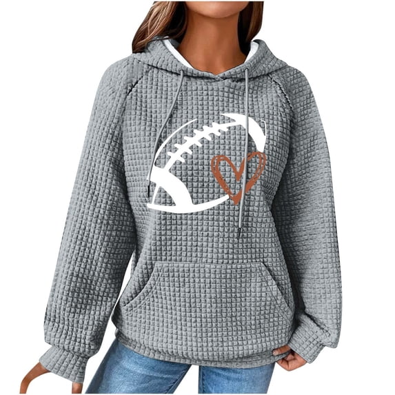 OWMEOT Waffle Hoodies for Women Football Printed Raglan Long Sleeve Hooded Sweatshirt Loose Comfy Rugby Pullover Tops