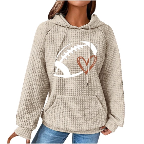 OWMEOT Waffle Hoodies for Women Football Printed Raglan Long Sleeve Hooded Sweatshirt Loose Comfy Rugby Pullover Tops