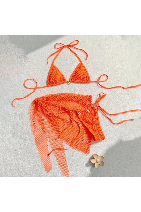 Women's 3 Piece Bikini Sets Halter String Fishnet Bikini Swimsuit with Wrap Cover Up for Summer Beach Vacation
