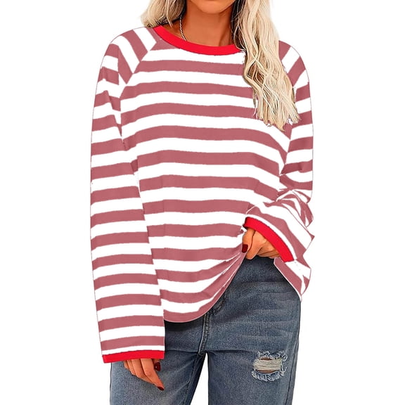 OWMEOT Women's Oversized Sweatshirt Striped Crewneck Tops Raglan Long Sleeve Pullover Shirts Loose Fall Y2K Outfits