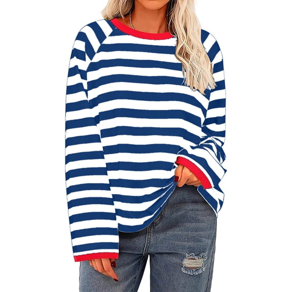OWMEOT Women's Oversized Sweatshirt Striped Crewneck Tops Raglan Long Sleeve Pullover Shirts Loose Fall Y2K Outfits