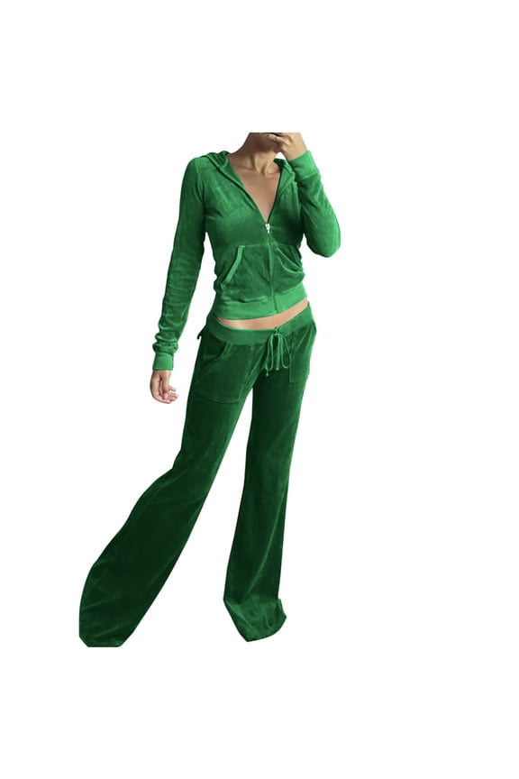 Women's Velour Tracksuits Zip Up Hooded Crop Tops and Low Rise Full-Length Flares 2 Piece Slim Fit Loungewear