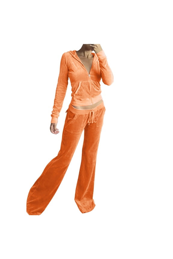 Women's Velour Tracksuits Zip Up Hooded Crop Tops and Low Rise Full-Length Flares 2 Piece Slim Fit Loungewear