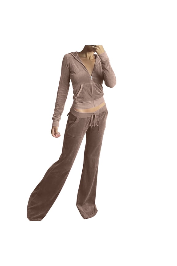 Women's Velour Tracksuits Zip Up Hooded Crop Tops and Low Rise Full-Length Flares 2 Piece Slim Fit Loungewear