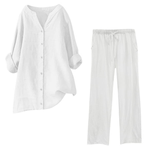 OWMEOT Womens 2 Piece Plus Size Lounge Sets Loose Long Sleeve Button Down Tops and Drawstring Wide Leg Pants 2PCs Loungewear Set