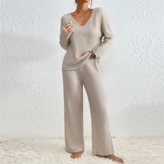 OWMEOT Womens 2 Piece knitted Outfits Lounge Sets Ribbed Long Sleeve V-Neck Tops Wide Leg Pants Matching Set Cozy Loungewear