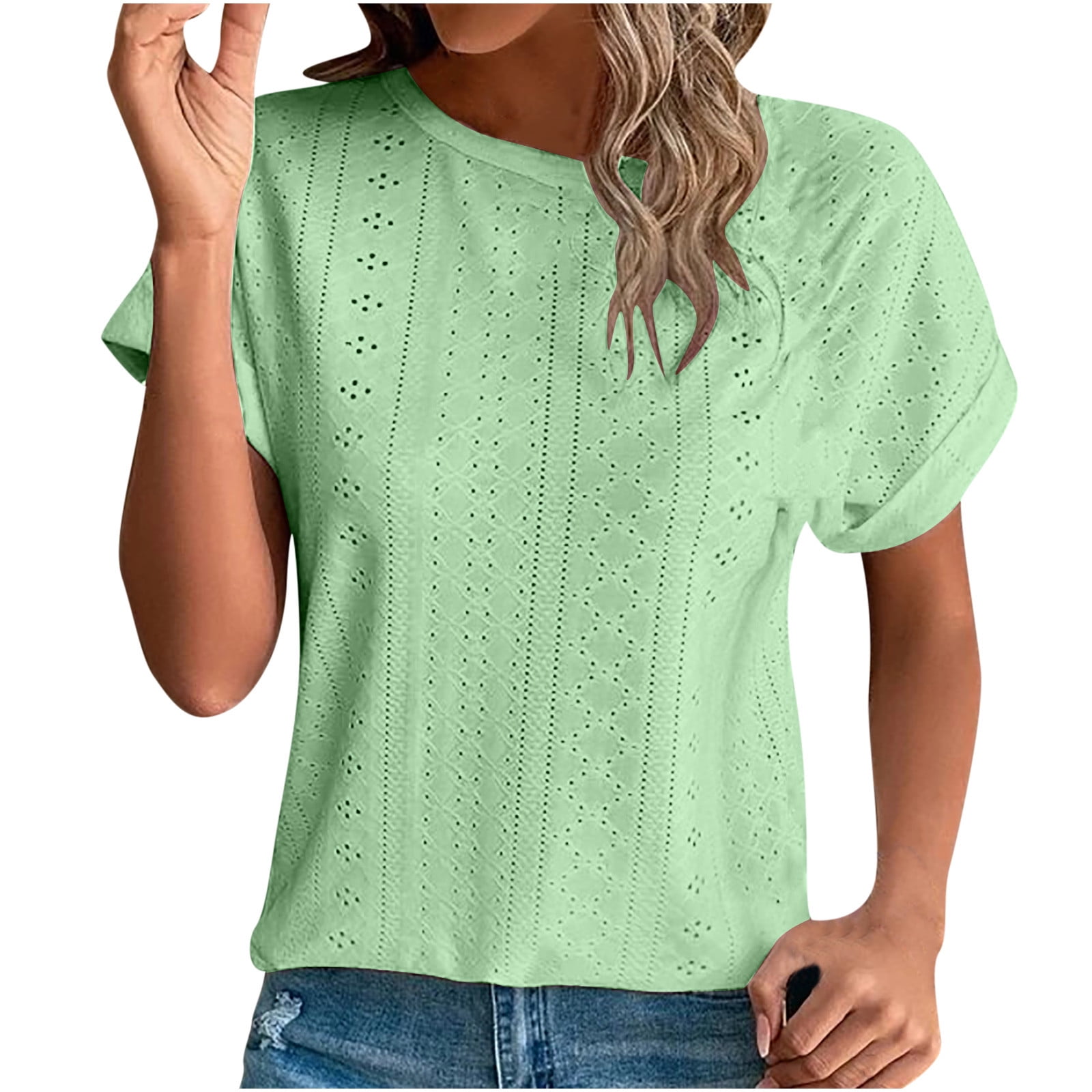 OWMEOT Womens Tops Eyelet Embroidery T Shirts Crewneck Rolled Short