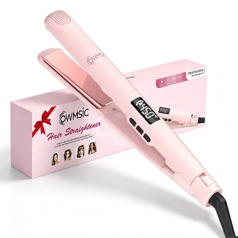 OWMSIC 1'' Flat Iron, 2-in-1 Ceramic Hair Straightener and Curler with 7 Temp Settings, Anti-Frizz Negative Ionic Dual Voltage for Home, Salon & Travel, Pink