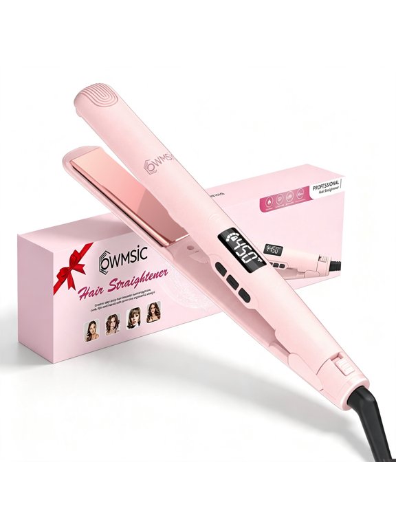 1'' Flat Iron, 2-in-1 Ceramic Hair Straightener and Curler with 7 Temp Settings, Anti-Frizz Negative Ionic Dual Voltage for Home, Salon & Travel, Pink