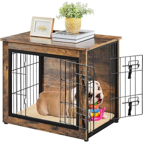 OWNEN 27.5'' Dog Crate Furniture with Cushion Wooden Dog Crate with Double Doors/Adjustable Feet Side End Table for Small/Medium Dogs, 27.5" L x 20" W x 24" H
