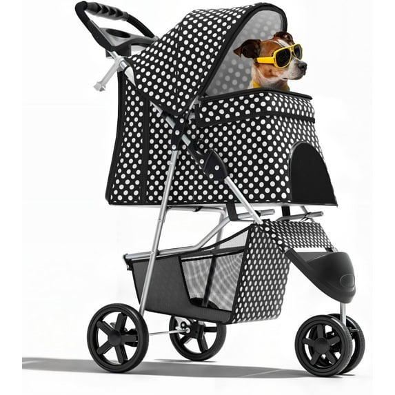 OWNEN 3-Wheel Pet Stroller, Foldable Travel Jogger for Small & Medium Dogs & Cats (Up to 33lbs), Lightweight Carrier with Breathable Mesh Cover, Cup Holder & Storage Basket, Black Polka Dots