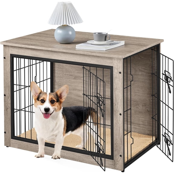 OWNEN 32'' Dog Crate Furniture, Side End Table w/Cushion, Double Doors, Adjustable Feet, Wooden Kennel Cage for Small/Medium Dogs, Indoor Outdoor