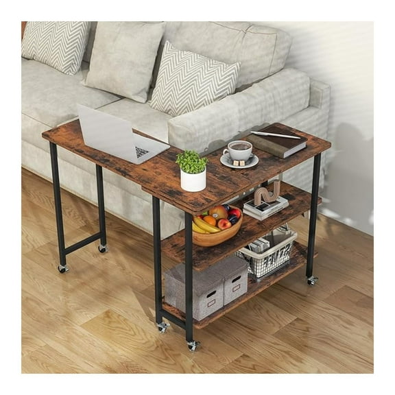 OWNEN 360° Rotating Sofa Side Table, Patented Mobile End Table with 2-Tier Storage Shelves, Swivel Rolling Desk with 6 Lockable Casters, Metal Frame, Movable Laptop Table Couch Snack Table for Home