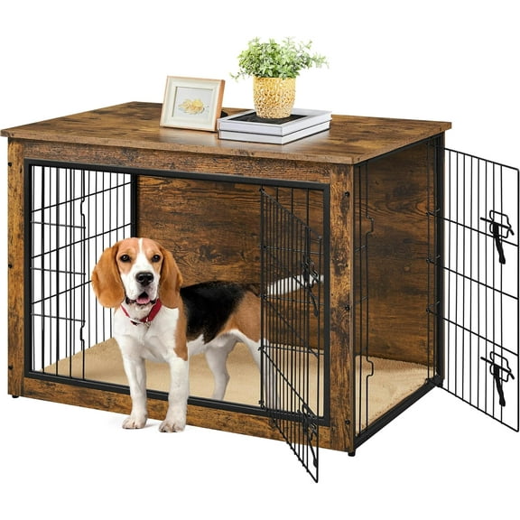 OWNEN 38'' Dog Crate Furniture with Cushion Wooden Dog Crate with Double Doors/Adjustable Feet Side End Table for Medium/Large Dogs, 37.80" L x 25.59" W x 26.57" H