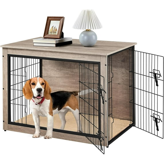 OWNEN 38'' Dog Crate Furniture with Cushion Wooden Dog Crate with Double Doors/Adjustable Feet Side End Table for Medium/Large Dogs, 37.80" L x 25.59" W x 26.57" H