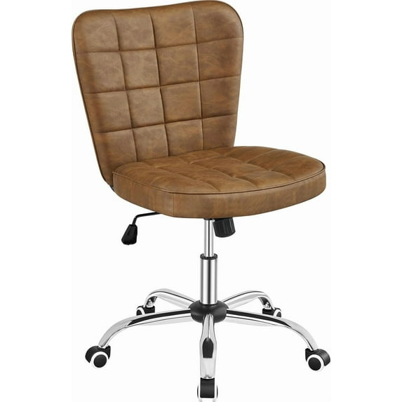 OWNEN Armless Desk Chair Modern Tufted Office Chair Faux Leather Upholstered Computer Chair with Adjustable Seat Height and Rolling Wheels for Home/Office, Retro Brown