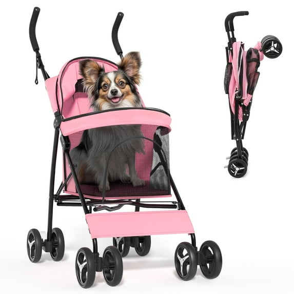 OWNEN Compact Pet Stroller for Small-Medium Dogs/Cats up to 22lbs, 4-Wheel Lightweight Umbrella Shaped Portable Puppy Travel Jogger with Breathable Mesh & Rear Storage, Pink