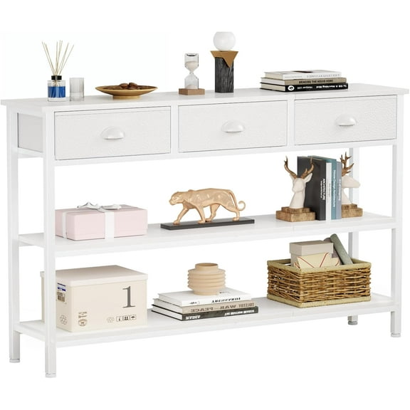 OWNEN Console Sofa Table with 3 Drawers, Entryway Table with 3-Tier Storage Shelves, Industrial Display Shelf for Entry Way, Hallway, Couch, Living Room, Kitchen, Foyer White