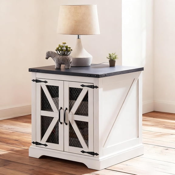 OWNEN Farmhouse End Table, 24" Large Sofa Side Table with Charging Station, Mesh Barn Door, and Adjustable Storage Shelf, Rustic Wood Square Nightstand for Living Room, Bedroom, Office Off White