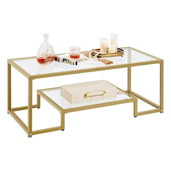 OWNEN Gold Coffee Table, 42" Rectangular Glass Coffee Table for Living Room, 2-Tier Center Tea Tables with Metal Frame for Small Space, Apartment, Office