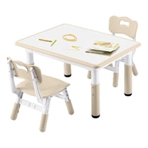 OWNEN Kids Study Table and Chairs Set, Height Adjustable Toddler Table and Chair Set for Kids Ages 3-8, 31.5" L x 23.6" W Graffiti Desktop Plastic Children Art Table with 2 Seats