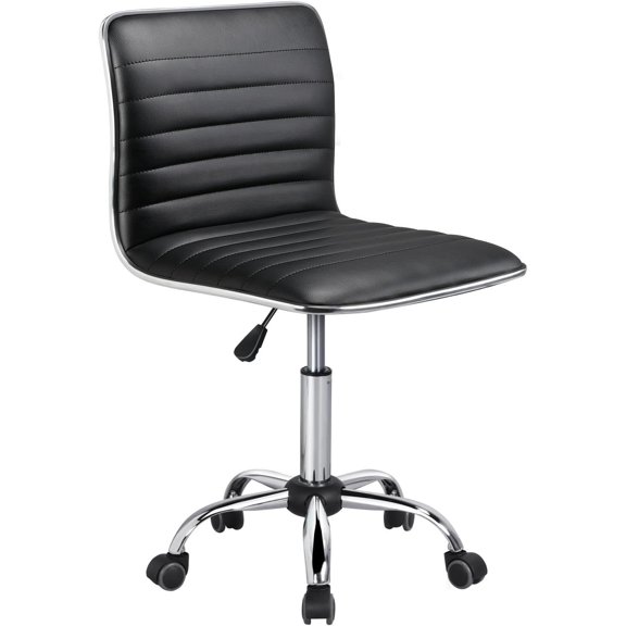 OWNEN Low Back PU Leather Ribbed Armless Office Chair, Ergonomic Swivel Computer Task Chair with Wheels for Office, Home,Black,Faux Leather