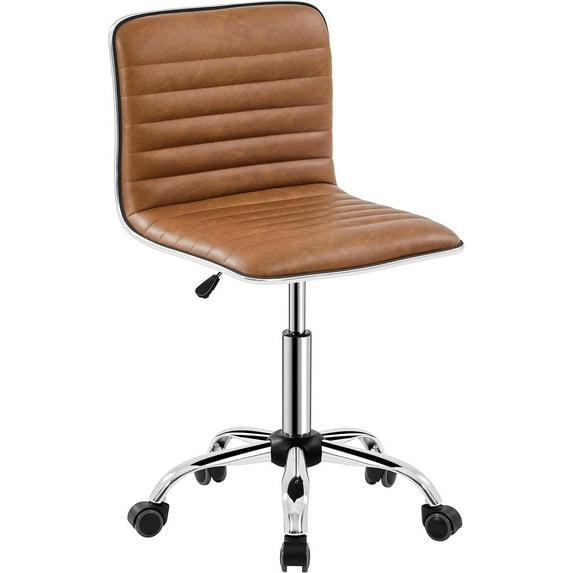 OWNEN Low Back PU Leather Ribbed Armless Office Chair, Ergonomic Swivel Computer Task Chair with Wheels for Office, Home,Retro Brown,Faux Leather