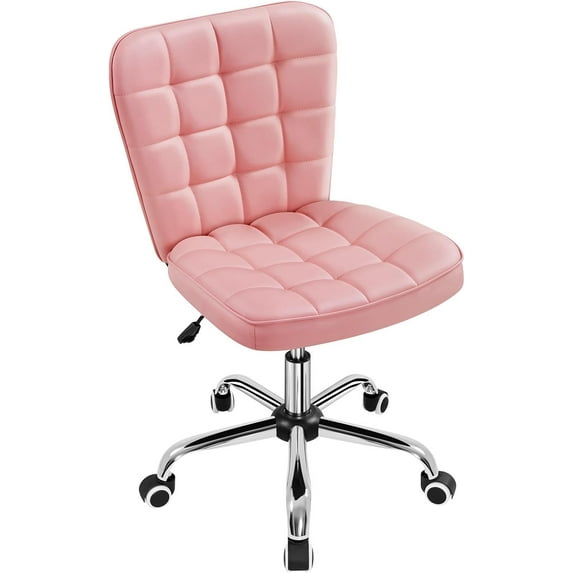 OWNEN ModernTufted Armless Desk Office Chair Faux Leather Upholstered Computer Chair with Adjustable Seat Height and Rolling Wheels for Home/Office, Pink
