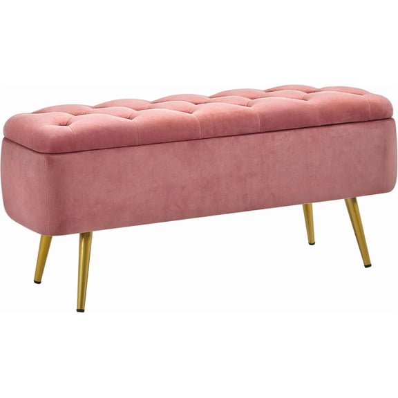OWNEN Ottoman with Storage, Velvet Entryway Bench with Safety Hinge, Upholstered Bench with Seating for Bedroom, Living Room, Holds up to 519 lb, Pink,1