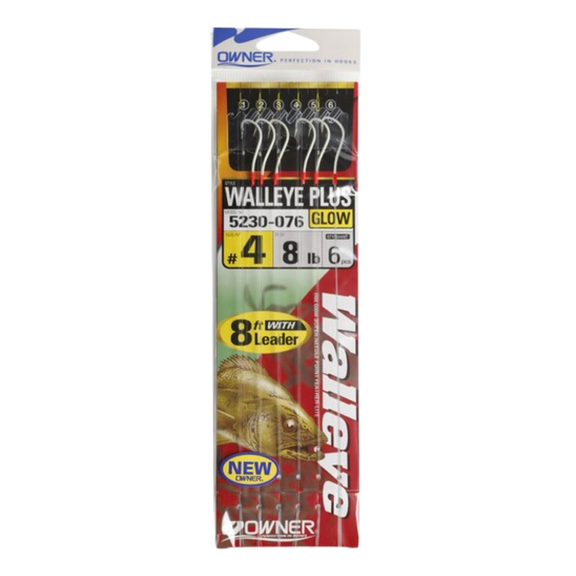 OWNER AMERICAN WALLEYE PLUS BAIT HOOK WITH 8' LEADER - RED HOOK GLOW BEAD #4