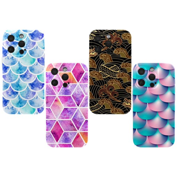 OWNHE Mermaid Tail Background Pattern 4-Pack TPU Soft Case Set for iPhone 14 Pro/14 Pro Max/15 Pro/15 Pro Max, Attractive Personalized Pattern Printed Phone Covers
