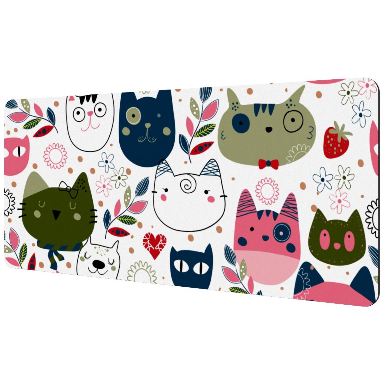 OWNHE White Cat Pattern Rectangular Extended Desk Pad with NonSlip