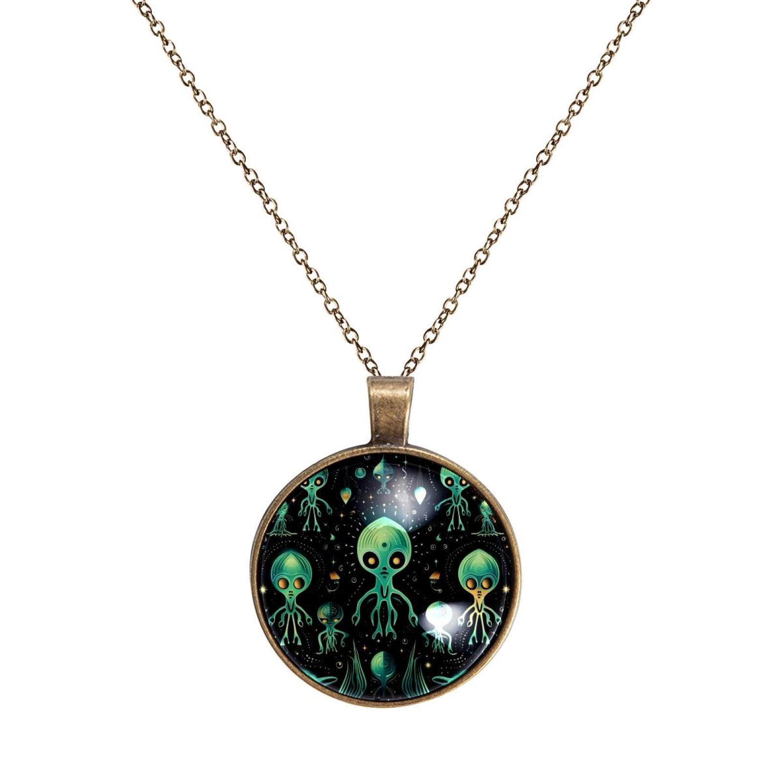 OWNMEMORY Alien Pattern Gorgeous Glass Circular Pendant Necklace for ...