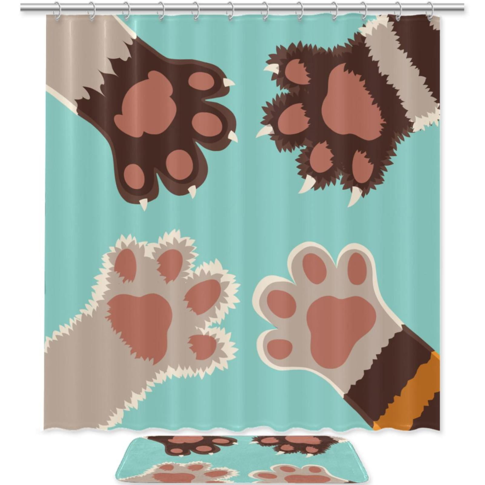 OWNNI Cute Cats Claw Dogs Paw Hands Pattern Pongee Shower Curtain Set