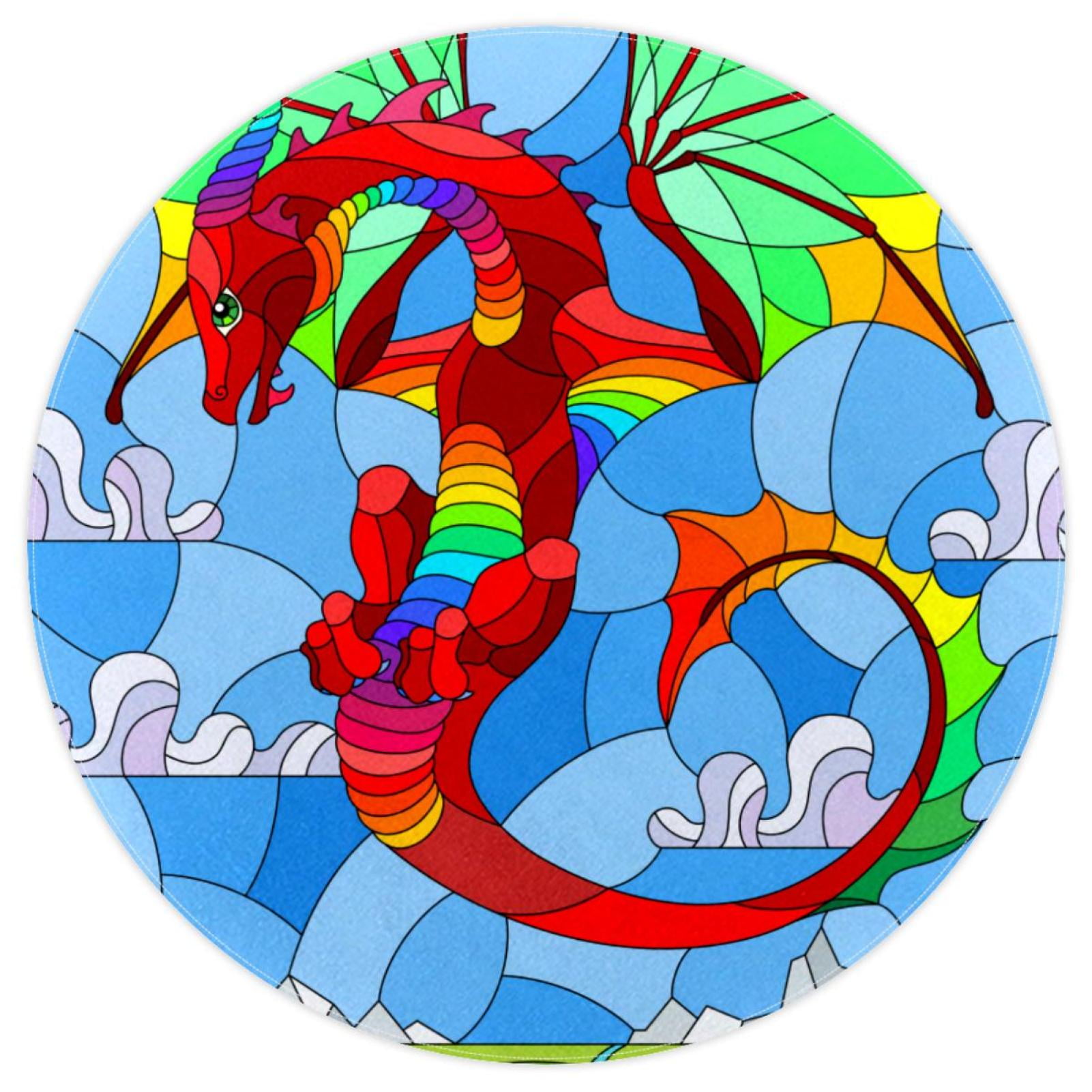 OWNNI Home Decor Dragon Stained Glass Pattern Elegant Round Polyester Area Rug for Living Room