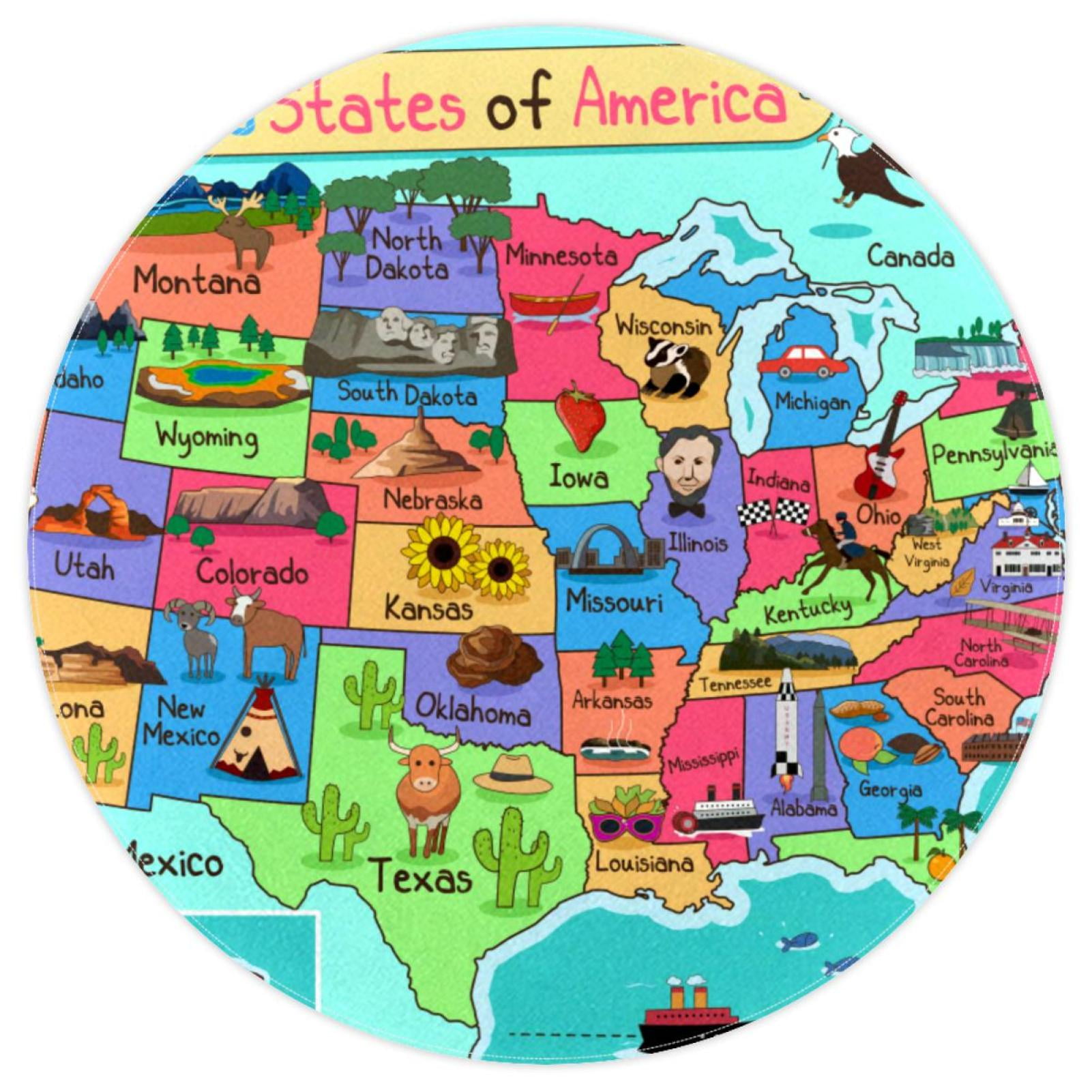 OWNNI Home Decor USA Map Pattern Elegant Round Polyester Area Rug for