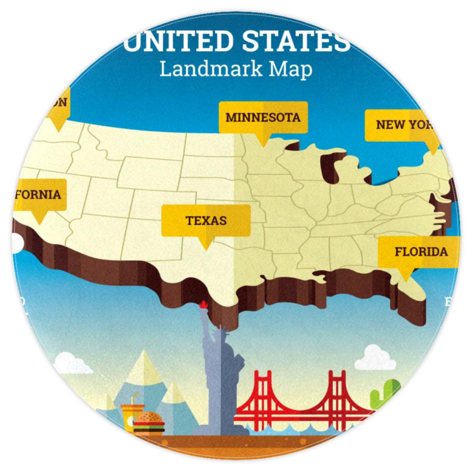 OWNNI Home Decor United States Map Pattern Elegant Round Polyester Area