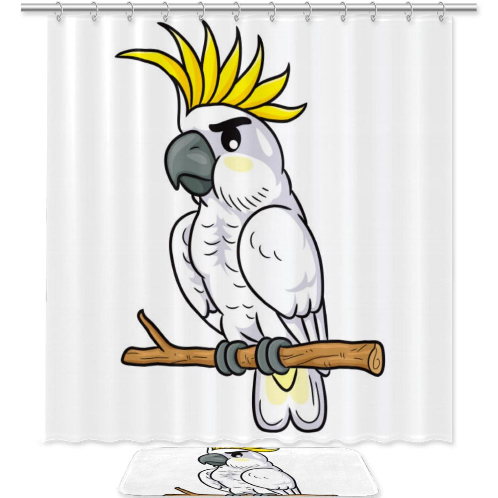 OWNNI White Cockatoo Cartoon Pattern Pongee Shower Curtain Set with Polyester Floor Mat